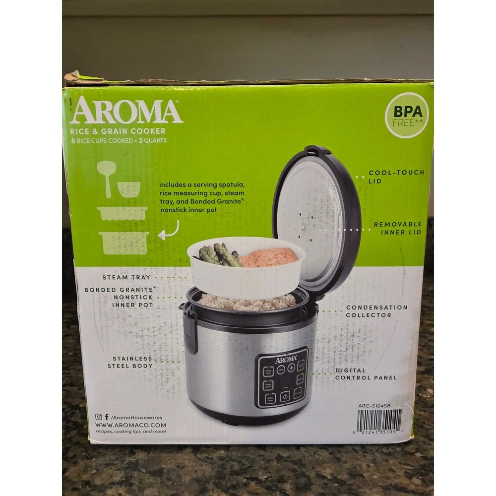 Aroma ARC-5104SB Digital Rice Cooker Food Steamer 8-Cup Cooked Stainless Steel